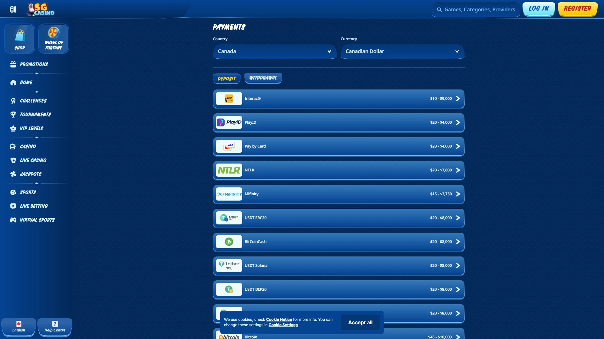 SG cashier: deposit and withdrawal options